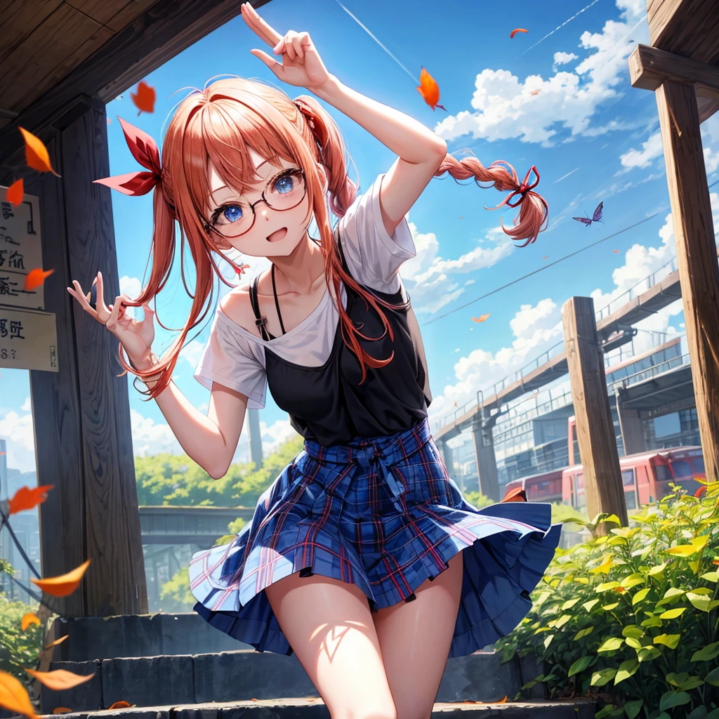 blue hair、Red-blonde、blue eyes、Braid、one good looking girl、solo、anime、Plaid miniskirt、camisole、black t-shirt、Tilting your face、Doing the ribbon、Ribbon at waist、sunset sky、stone stairs、petal、tunnel、Fallen leaves、wearing glasses、waterfall、paper airplane、Trying to get on the train、Burning、Have an insect net、meteorite