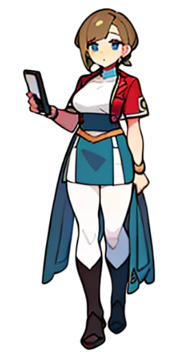 solo woman, (((blurry background, white background))), character focus, standing, full body, clerk, salesperson, Earth Tones Color outfit,