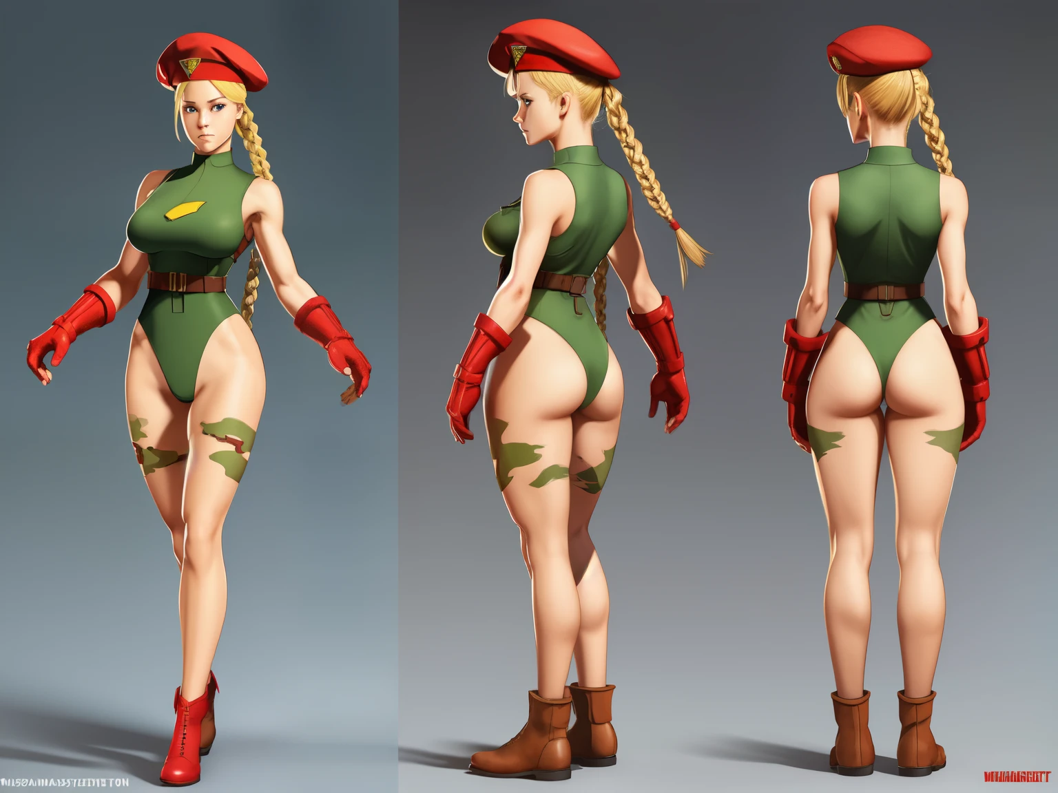((masterpiece)),(((best quality))),((character design sheet)), concept, poses, masterpiece, best quality, highres, 1girl, cammy white, twin braids, long hair, blonde hair, antenna hair, beret, military gear, (red headwear:1.3), blue eyes, scar on cheek, green leotard, large breasts, sleeveless, red gloves, fingerless gloves, camouflage, cowboy shot, standing, outdoors, arms at sides, straight-on, blank background ,chara-sheet