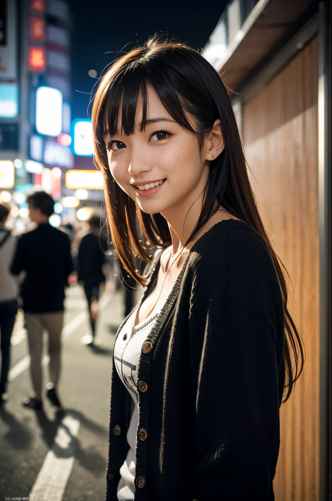 (8K, RAW photo, highest quality, table top:1.2), (realistic, Photoreal:1.4), Highly detailed 8K wallpaper,(highly detailed face and eyes),shiny skin ,(Upper body :1.5),sharp focus, Depth of bounds written, blur background, Bokeh,  professional lighting,young girl ,pretty girl ,famous japanese idol,(baby face:1.3), ,(medium hair), (cardigan:1.3), (smile:1.3),Airy Nordell&#39;pose:1.3), Shibuya at night