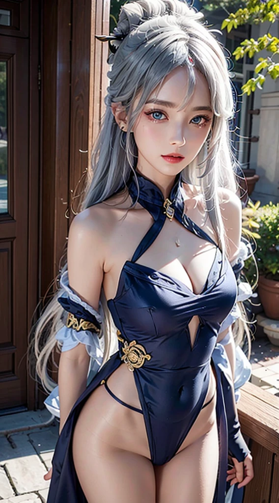 realistic, high resolution, Weak fire, 1 woman, alone, hips up, Look at the viewer., (detailed face), blue eyes, white hair, long hair, (Silk ribbon front:1.3),earring,filigree,arms separated,wide sleeves,(revealing clothes),decorations, (cleavage,bare shoulders,Strapless,Plain chokers,Tube kit,no bra:1.1),Ningguang def, yellow cheongsam