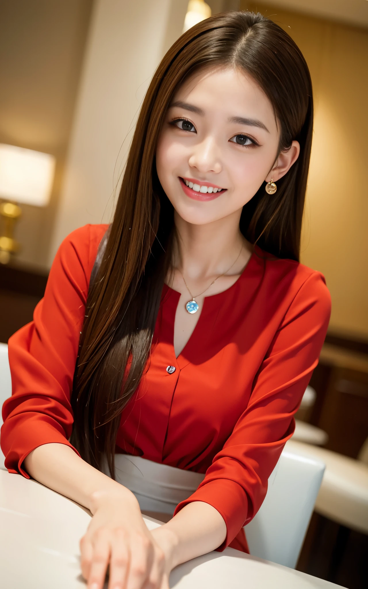 highest quality, figure, super detailed, finely, High resolution, 8k wallpaper, 完璧なダイナミックな構figure, beautiful skin, (Big eyes that shine like jewels), 20 year old beautiful girl, natural color lip, random sexy poses, Chest middle, smile, Highly detailed face and skin texture, Detailed eyes, Double eyelid,leaking teeth and laughing, close-up, from below, Brown hair long hair, (Red blouse:1.2), beautiful hotel lobby