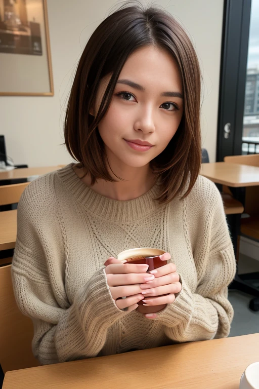 Fashionable coat, whole body, model pose, (realistic, photo-realistic:1.37),(8K, RAW photo, highest quality, masterpiece:1.2), cute, Super detailed,heart shaped eyes,Physically based rendering, ultra high resolution, Kodakvision Color, Shot with Aricum LT camera, Bokeh, sharp focus,
looking at the viewer,photorealistic,realistic, alone, photorealistic, highest quality,highly detailed face,highly detailed eyes and face, beautiful and detailed eyes, unforgettable smile,messy hair, floating hair, bright look., model pose, I'm drinking coffee, 8K, highest qualityの, little breasts, B cup), (realistic, Photoreal:1.37), highest qualityの, beautiful young woman, pensive expression,、attractive、and an inviting look, Oversized knitwear, golden hair, short hair, Cafe, movie background