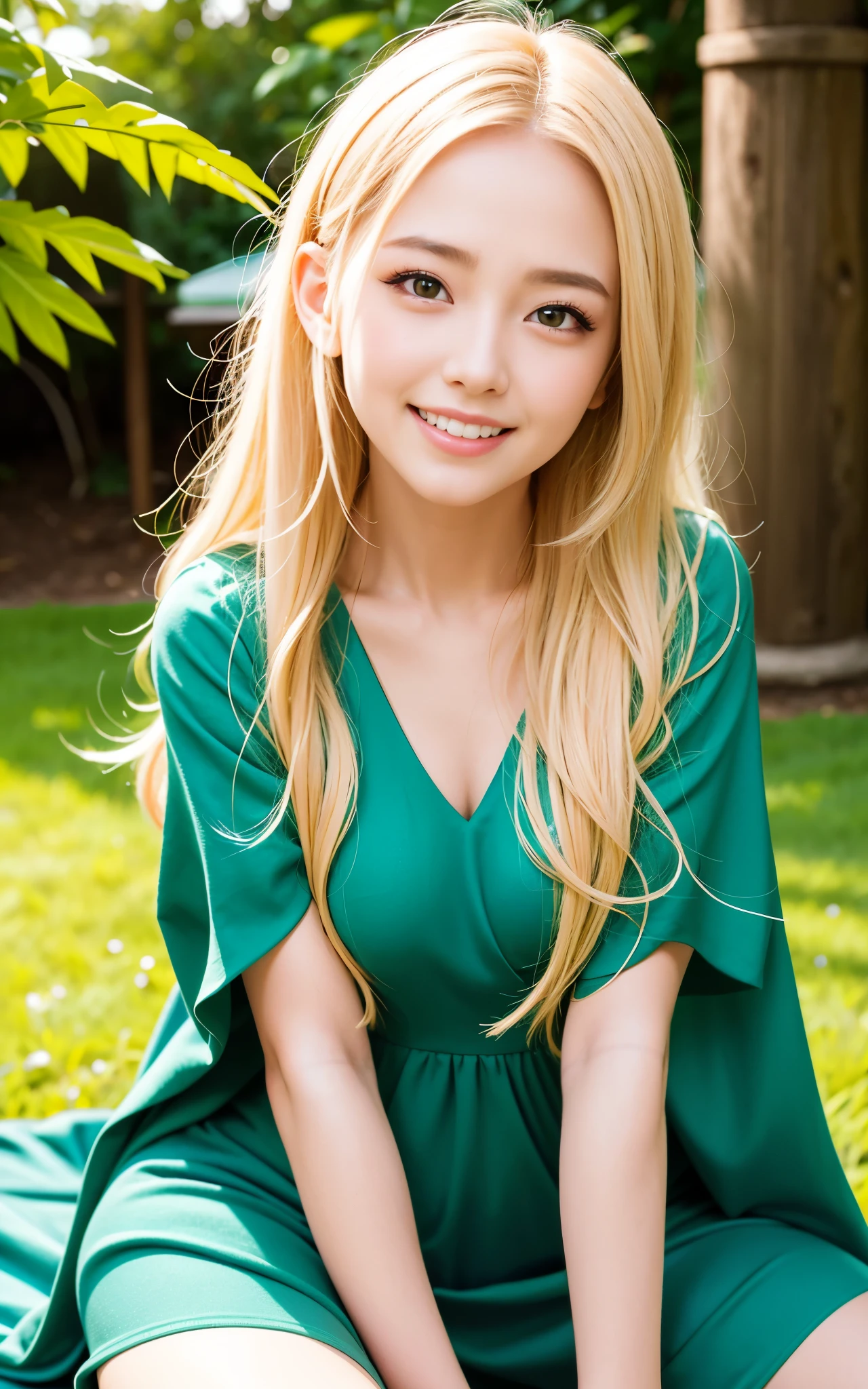 highest quality, figure, super detailed, finely, High resolution, 8k wallpaper, 完璧なダイナミックな構figure, beautiful skin, (Big eyes that shine like jewels), 20 year old beautiful girl, natural color lip, random sexy poses, Chest middle, smile, Highly detailed face and skin texture, Detailed eyes, Double eyelid,leaking teeth and laughing, close-up, long blonde hair, (Green dress:1.2), garden