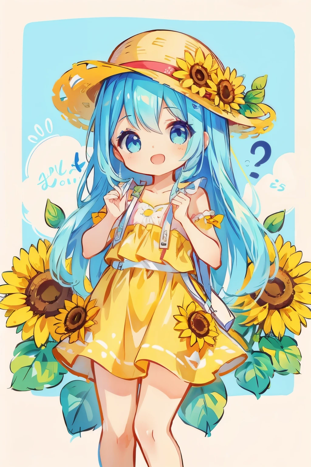 A female artist who expresses sunflowers with her body is、Open mouth and laugh、cute pose、wearing a hat made of sunflowers、The background is solid blue.