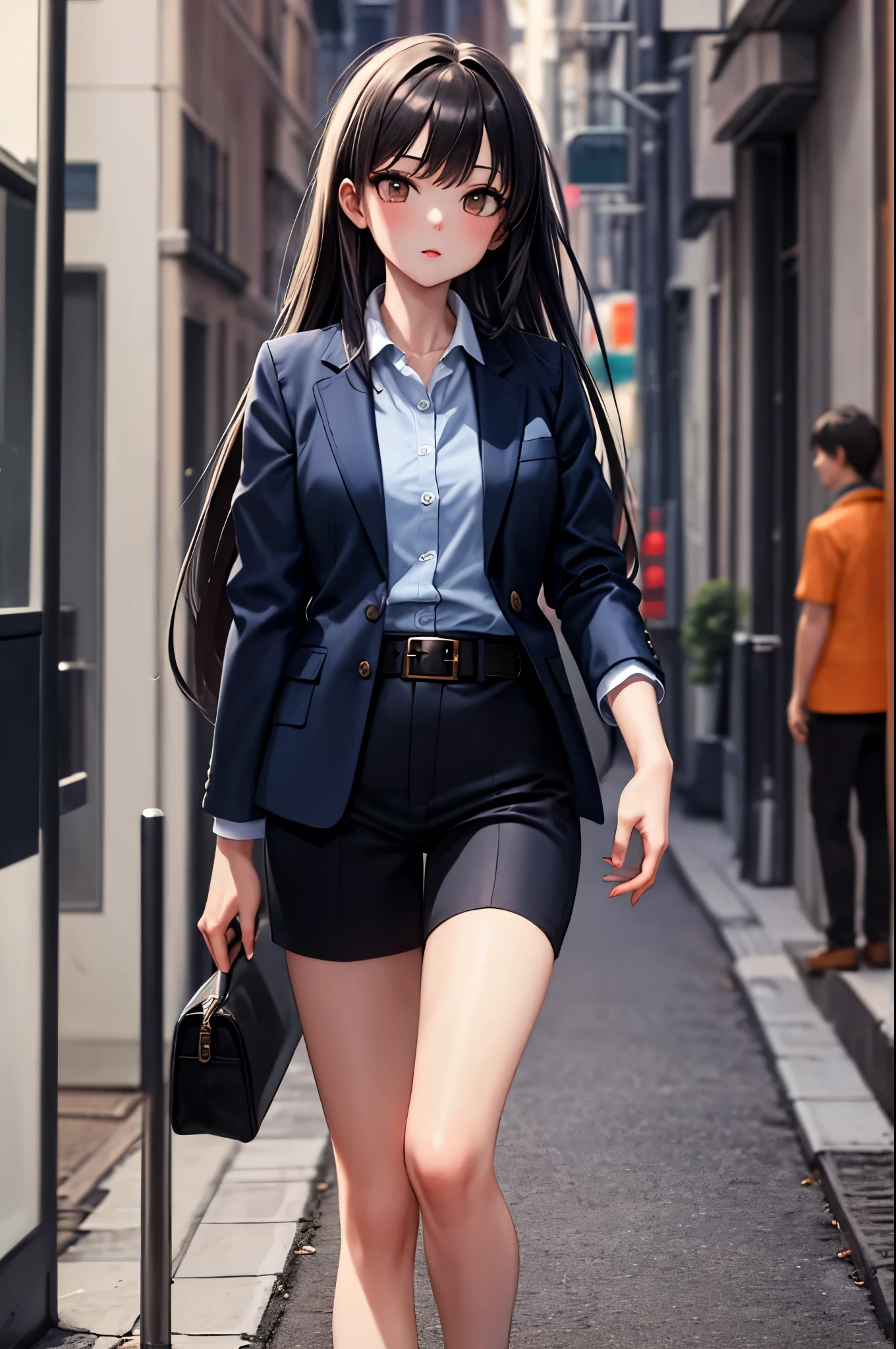 A woman in a short skirt and jacket walking down a street - SeaArt AI