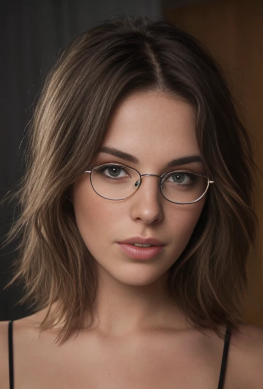 portrait of a girl with a half-open mouth 1.2, tousled hair, naughty, freckles. plunging neckline. perfect eyes. skin texture. plumper lip. highlights in hair, young, fashion, night, backlight, glasses, open shirt, lace string lingerie. shoulder forward. provocative. dark. arafed woman with lunettes and a black bra top posing for a picture, eyelunettes, Portrait de Sophie Mudd,