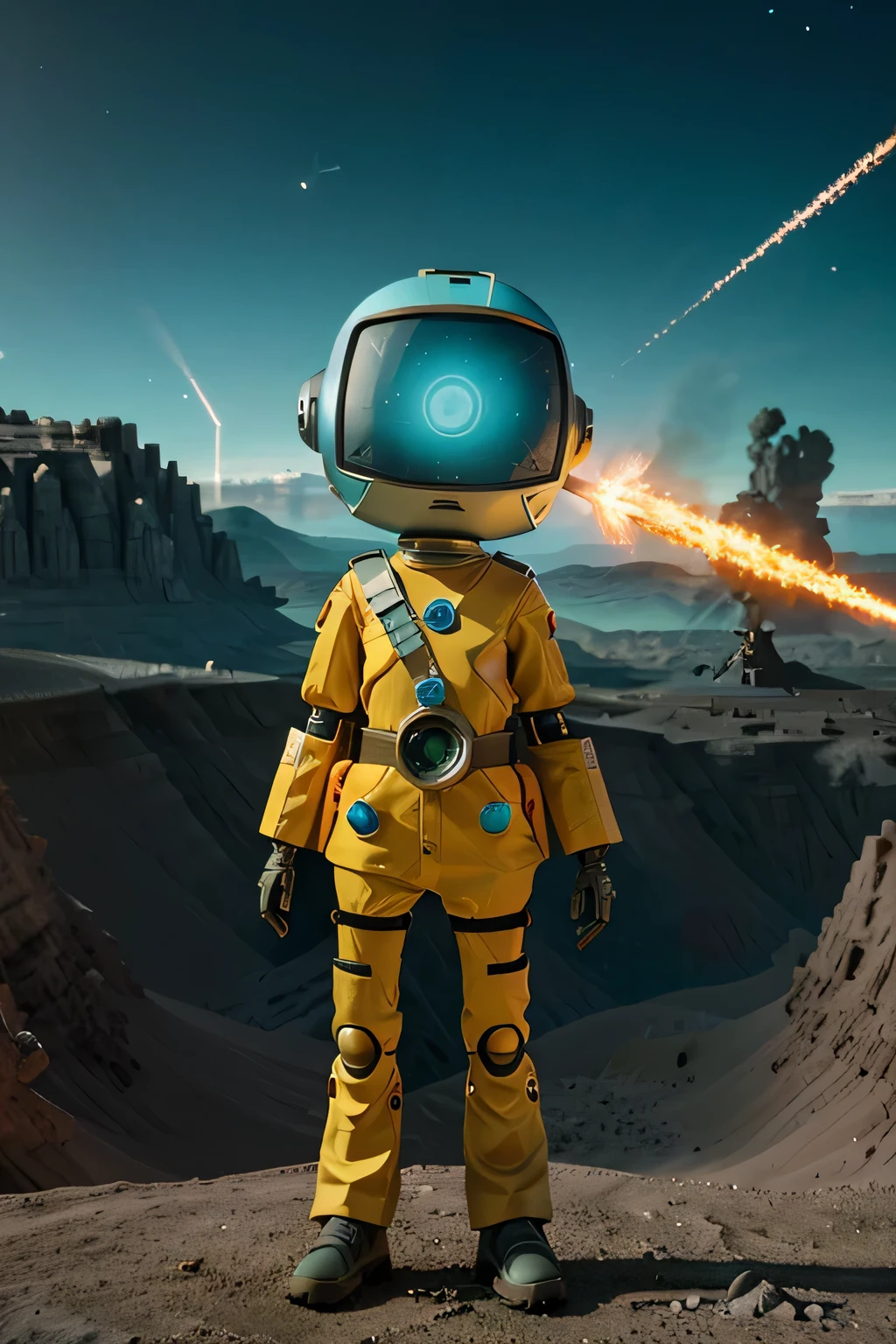 Un dibujo animado plano moderno Loco con un robot Only Eye y un estilo de casco, Pinzas en las manos, Cabeza de TV, cabeza de alfiler, camuflaje cian amarillo oxidado, Atmosphere in the crater of a super-detailed meteorite, centro, hermoso, Soft lighting, Centrado en el personaje, 4k resolution, photorealistic representation.