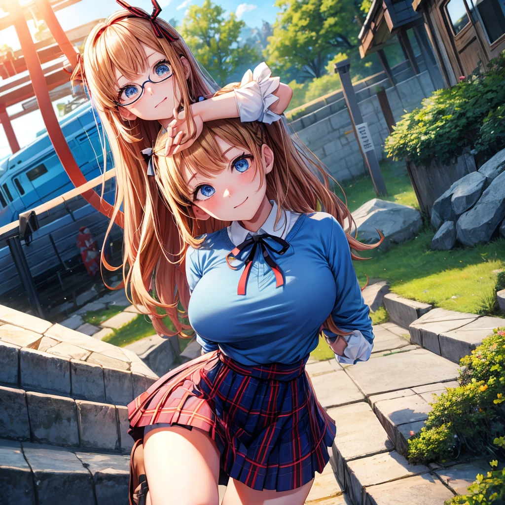 One girl, whole body, summer, village, wood, sun, cloud, ((Colorful Hair)), Big Breasts, button down, blue eyes, ((red, White and green shirt)), ((Unbuttoned shirt)), Unbutton a button, ((Short sleeve shirt)), Black mini skirt, Brown shoes, Grin, Looking at the audience, Are standing, red, White and green hair ribbon, Cleavage, ((Golden Necklace)),Round Glasses