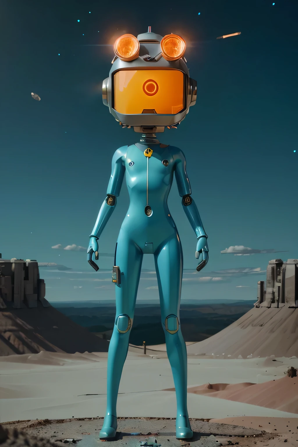 A Modern flat toon Crazy whit a Only Eye Robot and helmet Style, tongs in hands, Tv head, pinhead, camouflage Cyan Yellow Rusty, Ambient in a meteorite crater super detailed, center, beautiful, soft lighting, focused on the character, 4K resolution, photorealistic rendering.