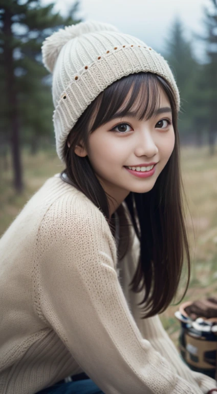 RAW, masterpiece, ultra-definition photo, highest quality, ultra-high resolution, photorealistic, one cute girl around 30 years old, fisheye lens, wind, messy hair, nature, (bonfire), bonfire background, camping, (aesthetic/atmosphere 1.2) ), sitting on a chair, sitting pose, knitted hat, smile, toothy smile, amazingly beautiful, delicate face, bright eyes, (side view), highly detailed background, detailed face, Detailed and intricate busy backgrounds, detailed skin, realistic skin details, visible pores, sharp focus, volumetric fog, 8k UHD, DSLR, high quality, film grain, white skin, photorealism, lomography,