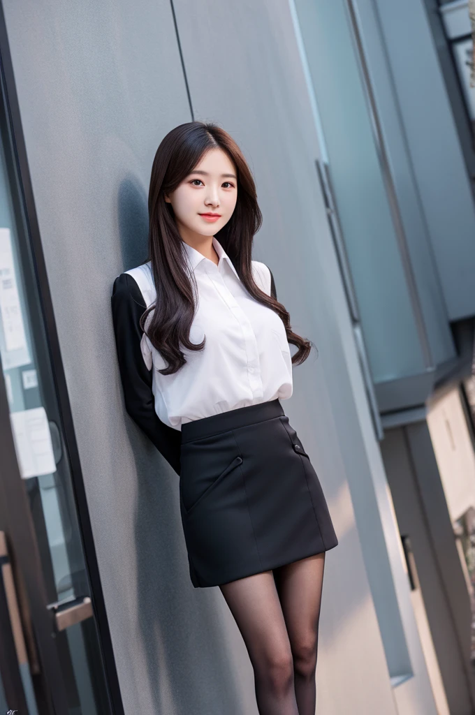 highest quality、masterpiece、High resolution、4K、real 18 year old woman、OL、Office Lady、suit、Hands in pockets、mini skirt、black stockings、medium long hair、1 girl、
