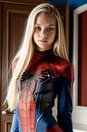 Slender yo blonde beautiful girl, skin tight Spiderman outfit with holes, exposed small breasts, pussy