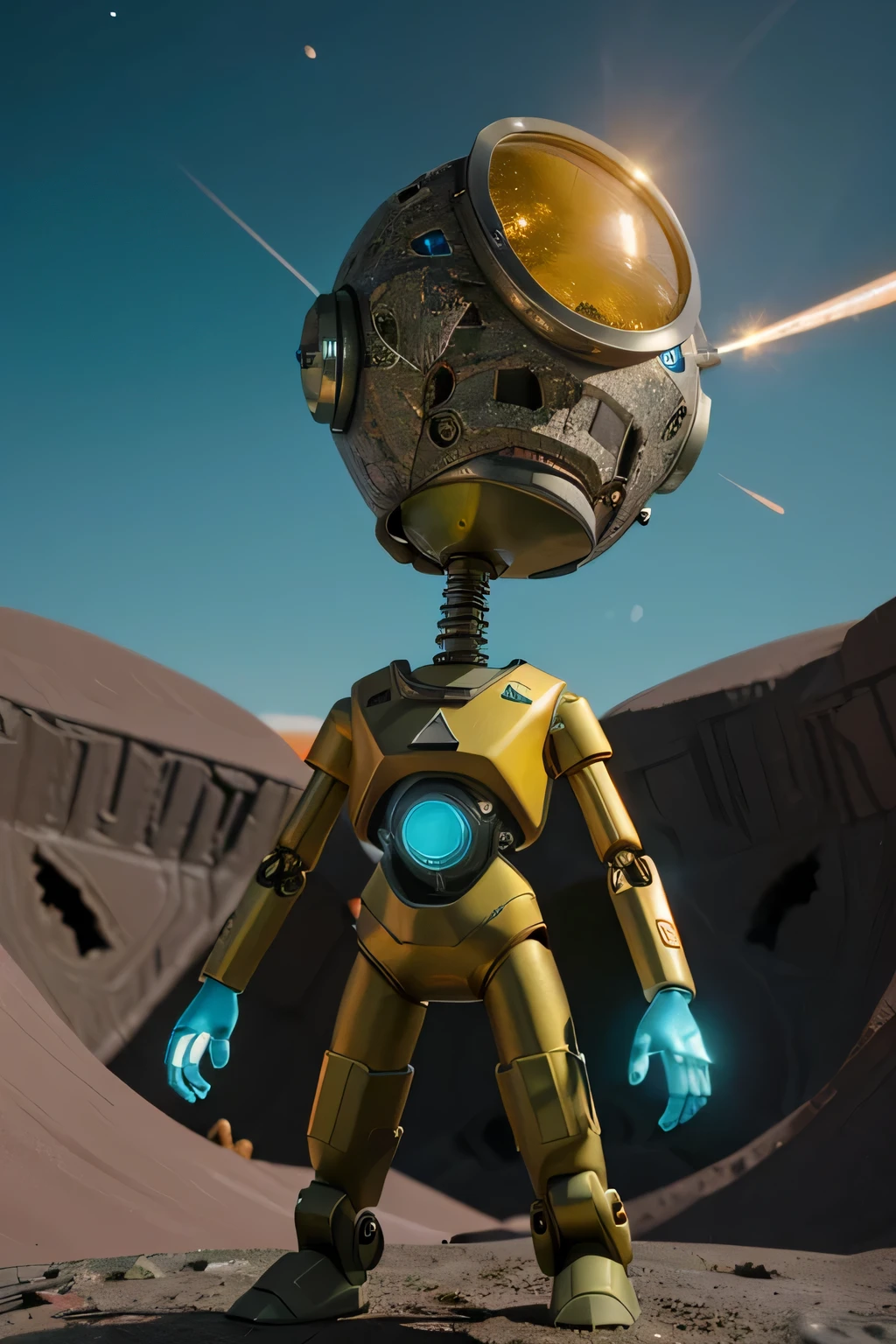 Un dibujo animado plano moderno Loco con un robot Only Eye y un estilo de casco, Pinzas en las manos, Cabeza de TV, cabeza de alfiler, camuflaje cian amarillo oxidado, Atmosphere in the crater of a super-detailed meteorite, centro, hermoso, Soft lighting, Centrado en el personaje, 4k resolution, photorealistic representation.