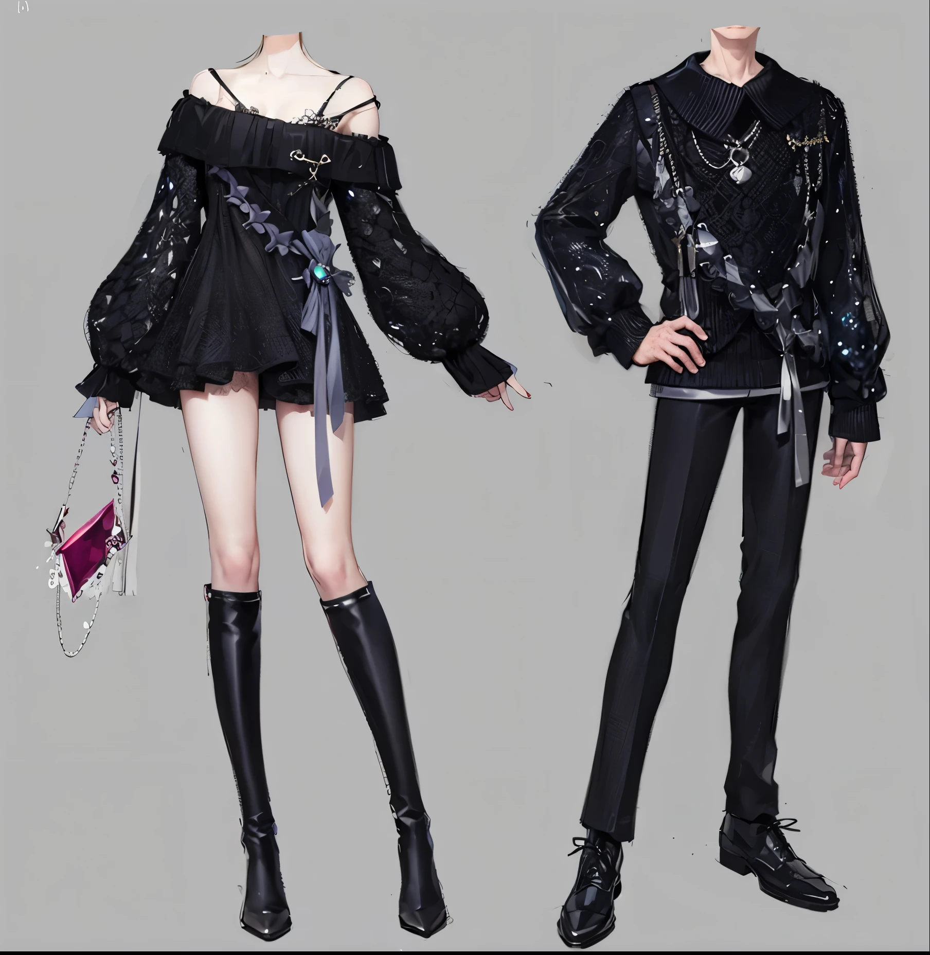 Anime style rendering of a woman in a black dress and a man in a black suit, Fashion Design, Very detailed and rich costumes, Moon themed clothing, fashion concept art, Astral Witch Clothes, fantasy costumes, Detailed clothes, full body xianxia, Fantasy style clothing, Fashion Designs, Sensual gloomy style, intertwined full body view, Style Games Square Enix