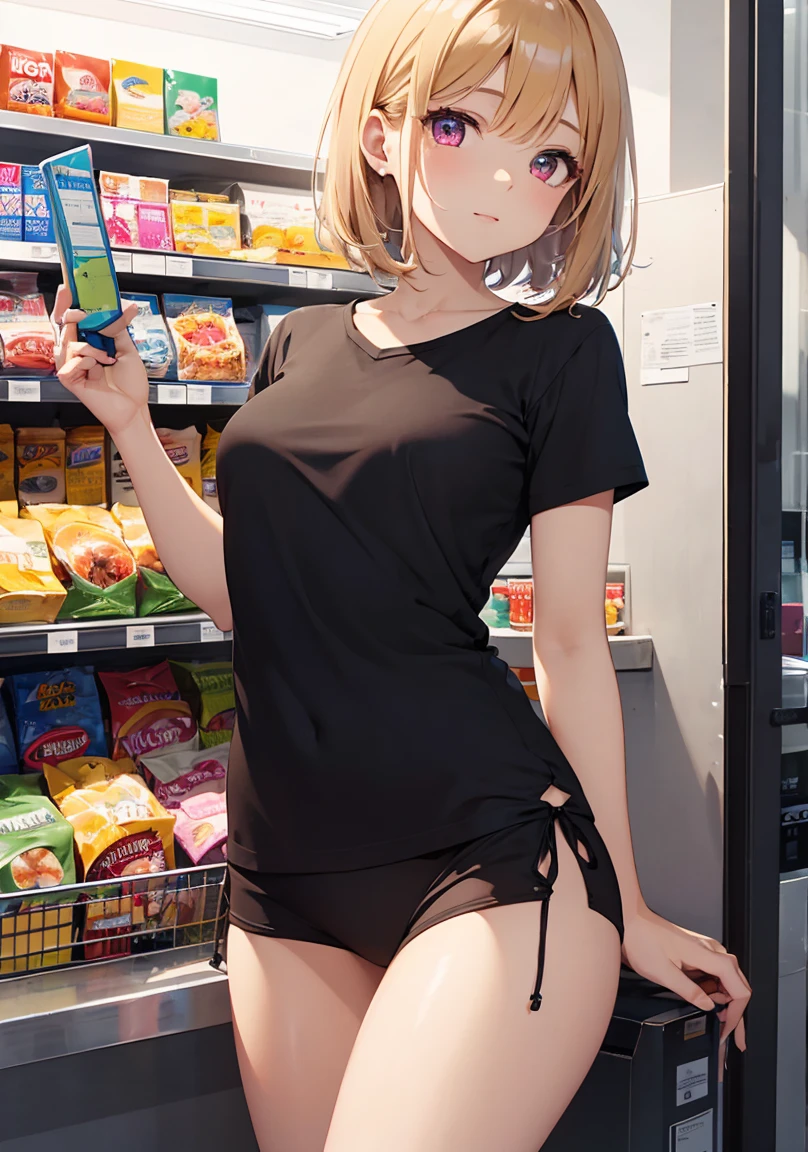 masterpiece, absurdres, best quality, ultra detailed, high Resolution, detailed illustration, extremely beautiful detailed face and eyes, bright colour, 1girl, (li), cute face, Delicate beautiful face, magenta eyes, cute eyes, sparkling eyes, big eyes, medium breasts, (perky breasts:1.1), (pointy breasts:1.1), medium hips, glamorous body, white skin, happy, BREAK, long bob cut, (blonde hair:0.8), messy hair, detailed hair, shiny hair, BREAK office casual, tiny ribbon, at convenience store, choosing a product, real world, natural lights, perfect lighting,