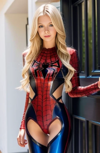 Slender 14yo blonde beautiful girl, skin tight Spiderman outfit with holes, cut outs for small breasts and pussy