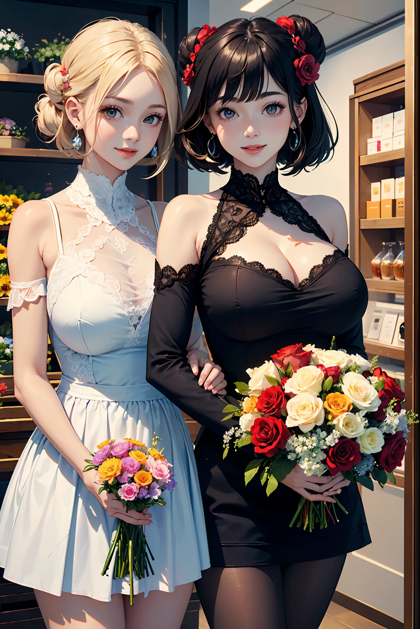 (two women:1.2)、(masterpiece:1.4)、(highest quality:1.4)、ultra high resolution、beautiful features、flower hair ornament、blonde bun hair、black short bob、earrings、white dress、black tights、(huge breasts:1.2)、red face、smile、holding a bouquet、flower shop、flowers on the shelf