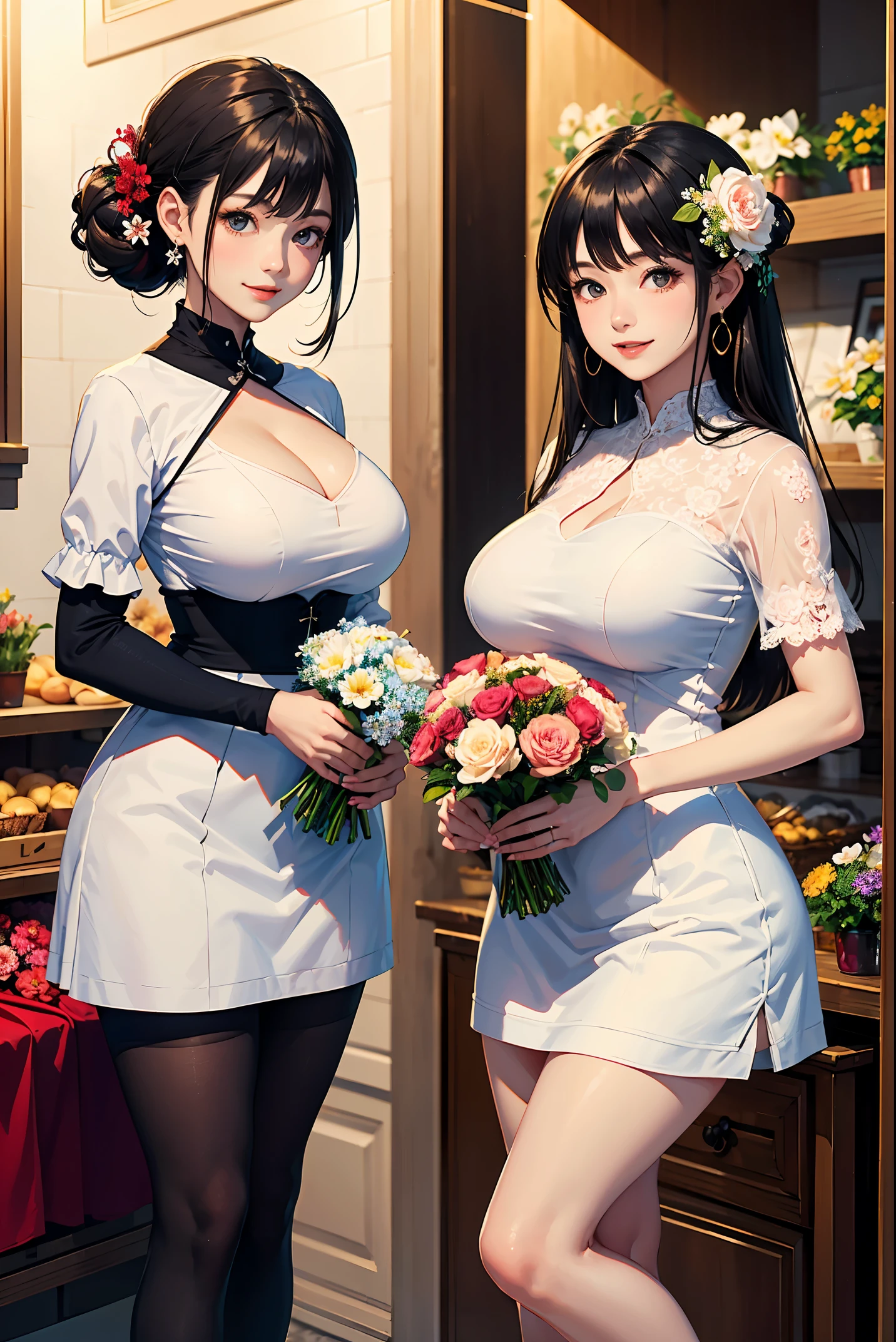 (two women:1.2)、(masterpiece:1.4)、(highest quality:1.4)、ultra high resolution、beautiful features、flower hair ornament、blonde bun hair、black short bob、earrings、white dress、black tights、(huge breasts:1.2)、red face、smile、holding a bouquet、flower shop、flowers on the shelf