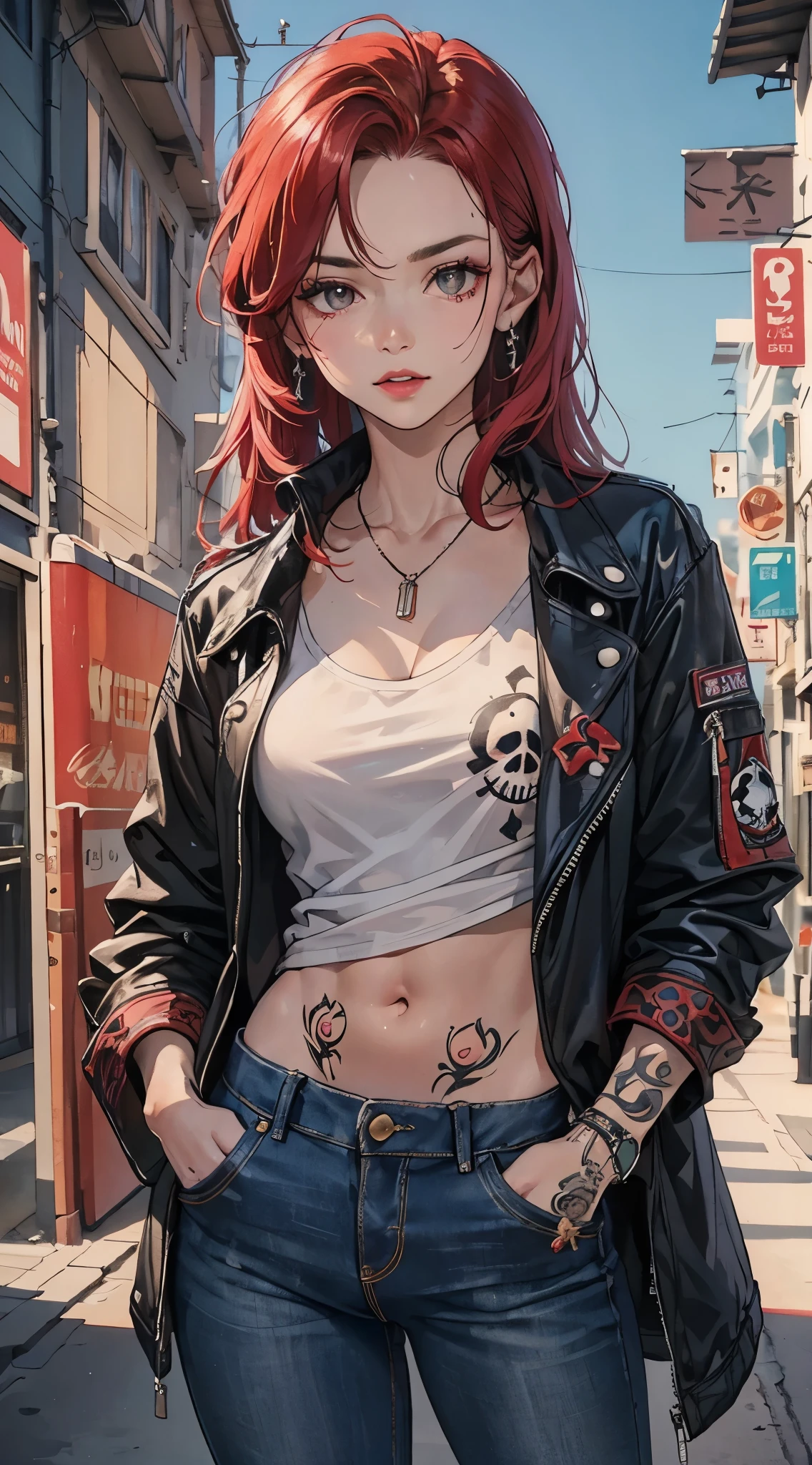 A charismatic bad girl, full-body shot of a red-haired beauty, hands casually in pockets of worn jeans, a skull-adorned open jacket revealing a tattoo above the navel, a long necklace complementing a loose tee shirt, exuding a carefree rocker vibe; Artwork, detailed illustration with focus on intricate clothing textures and vibrant colors