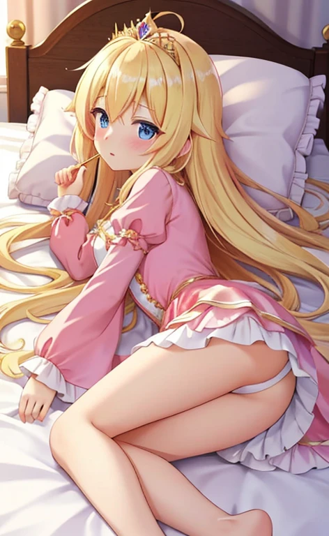 Beautiful long blonde hair　on the bed　pink dress with frills　Princess　Gold tiara　No panties　shyness　Watery eye　blue eyes　small tits　Low - Angle　stick out your butt and lie down　Ahoge　long sleeve