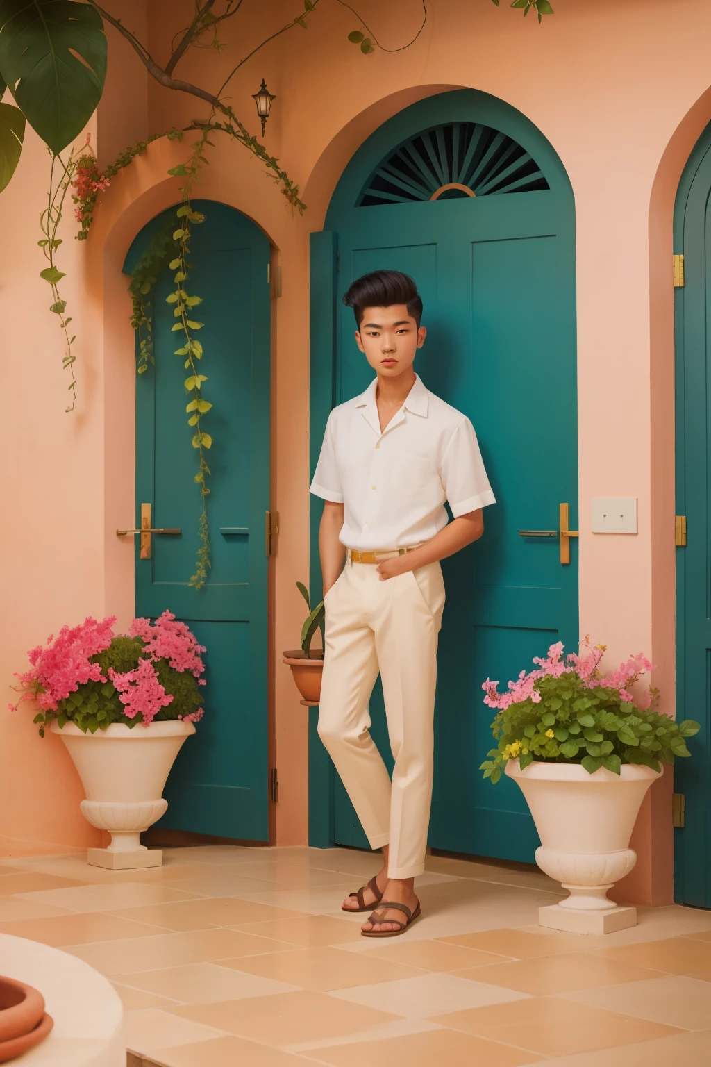 On the vibrant terrace of a Mediterranean villa in the 2010s, a fifteen-year-old Asian boy, with a sleek pompadour and linen trousers, sketches the picturesque seascape, surrounded by terracotta pots of vibrant bougainvillea and lemon trees.