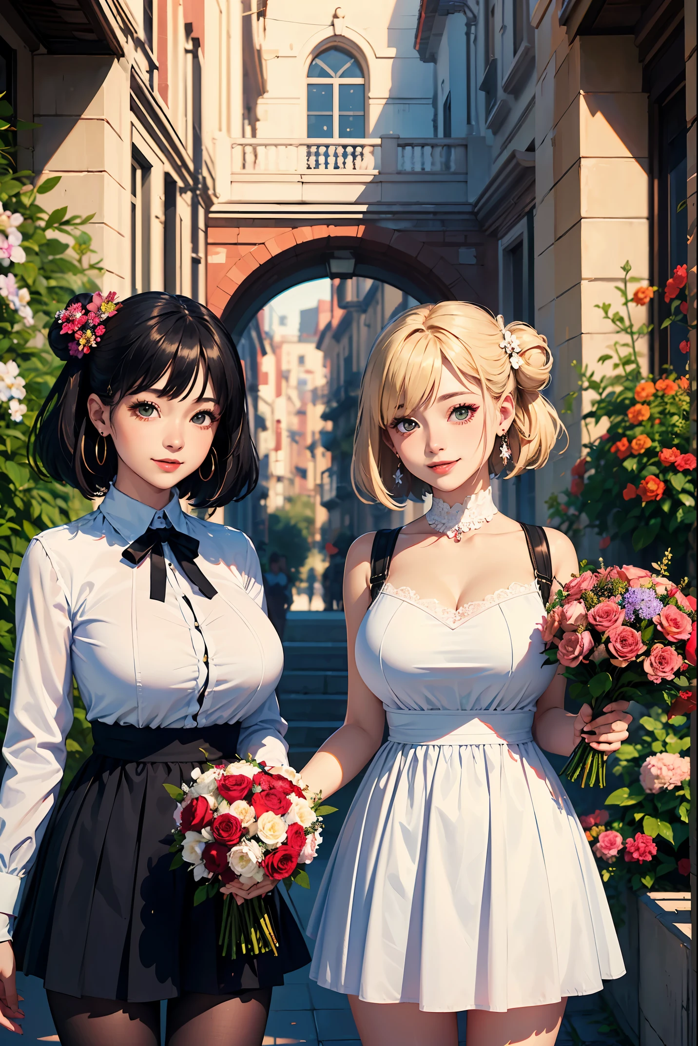 (two women:1.2)、(masterpiece:1.4)、(highest quality:1.4)、ultra high resolution、beautiful features、flower hair ornament、blonde bun hair、black short bob、earrings、slender physique、white dress、black tights、(huge breasts)、red face、smile、holding a bouquet、flower shop、flowers on the shelf