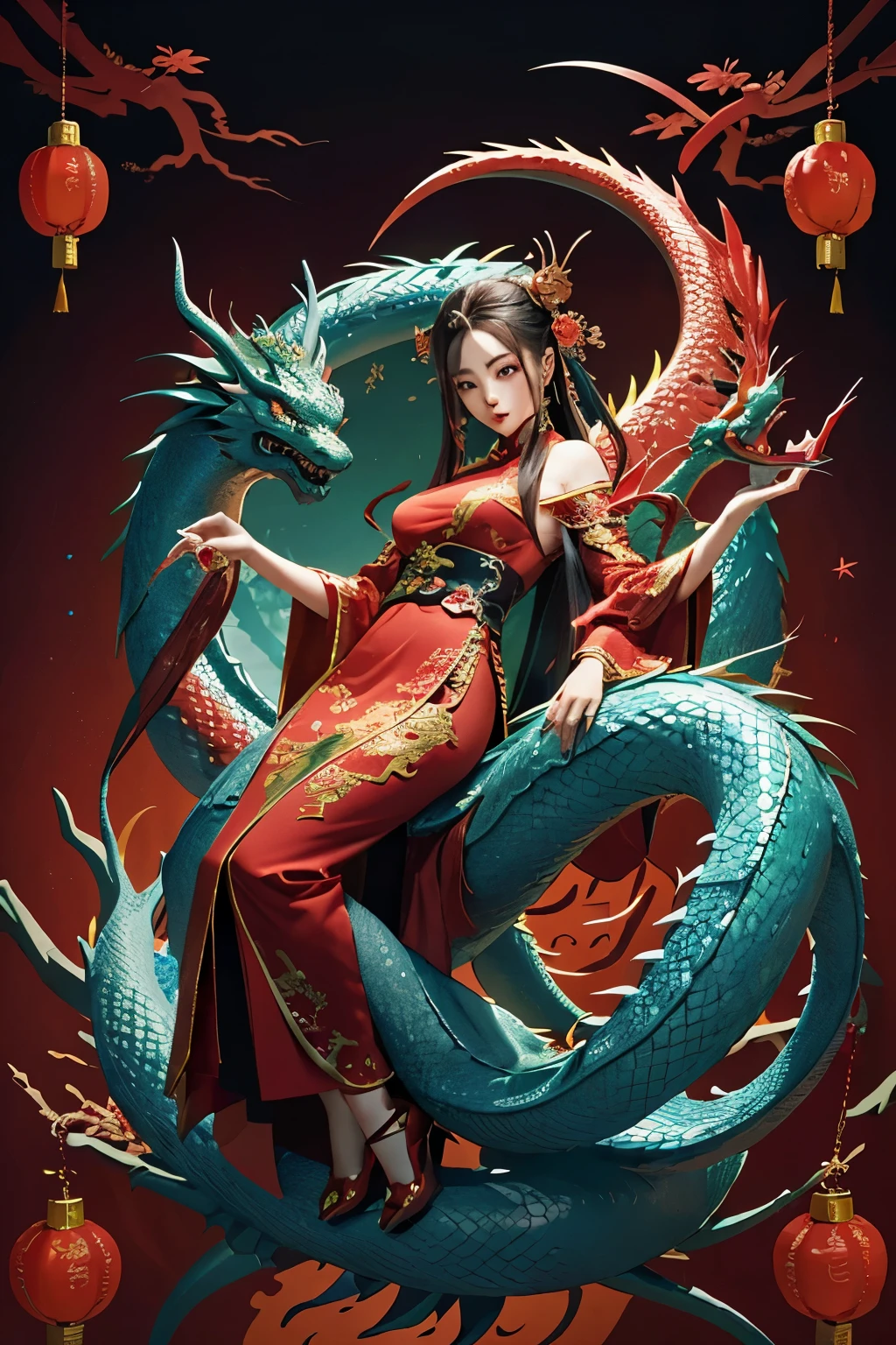 A Chinese dragon comes to life in this stunning 3D cartoon image, with its vibrant red body elegant and graceful against the surreal, dreamlike backdrop of a New Year celebration. The dragon's scales shimmer with a solid color brilliance, reflecting the festive atmosphere of the holiday. The image is a masterpiece of animation art, capturing the mystical and magical essence of Chinese mythology. The solid color background adds depth and focus to the dragon, drawing the viewer's eye to the captivating creature and immersing them in the enchanting world of Chinese tradition and folklore.