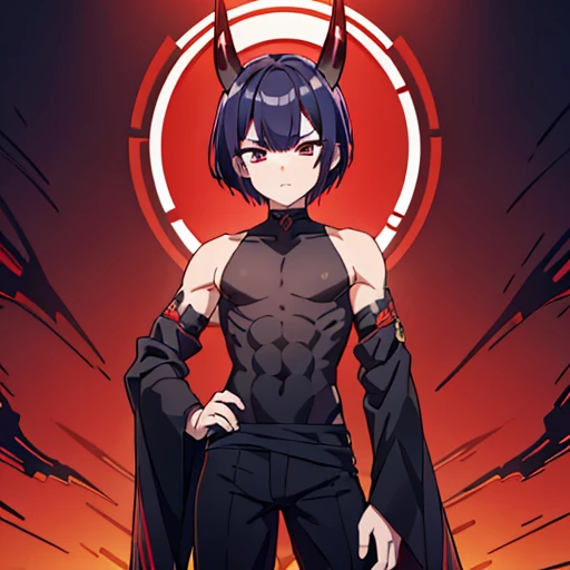 1boy((best quality)), ((masterpiece)), (detailed), perfect face1 boy;((best quality)), ((masterpiece)), (detailed), perfect face;shuten doji style; pretty face ; pretty boy, demon horns protruding out of forehead; black hair; lean physique; wearing tight sleevles shirt e; standing in front of viewer ; black medium hair,male ; make him a male with a male chest, full body shot, wearing pants, wearing tight sleevless tank top ,sfw, small lean body, tight fitting clothe