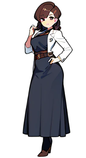 solo woman, (((blurry background, white background))), character focus, standing, full body, clerk, salesperson, Earth Tones Color outfit,