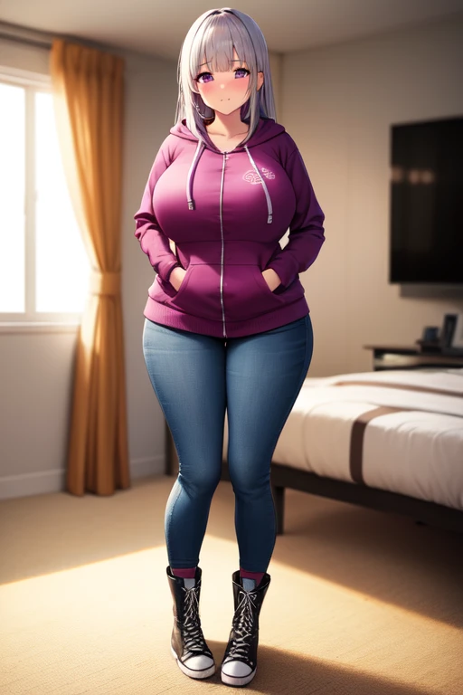 5 foot 5 inch Anime girl wearing a purple shirt under a red zip up hoodie, blue jeans, and black knee high lace up converse boots with round toes, Large breasts, thick thighs, cute, full body image, silver long hair, purple eyes, quality images, (high quality faces), bedroom, standing, blushing and embarrassed