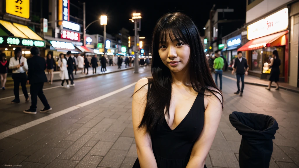 Night in the city, standing,, {best quality}, {very aesthetic}, {ultra-detailed}, {8K}, {Super elaborate face}, {Super-smart body}, , 20-year-old, {giga hip}, saggy tits, sagging breasts, {{{{{{{Thick pubic hair}}}}}}}, {{{{{{{Super detailed pubic hair}}}}}}}, erect nipples,　 Hairy,　Naked Woman,  front view, Nude, Superb hands, oiled skin, wet skin, Pink areola,　cute face,　Black Hair,