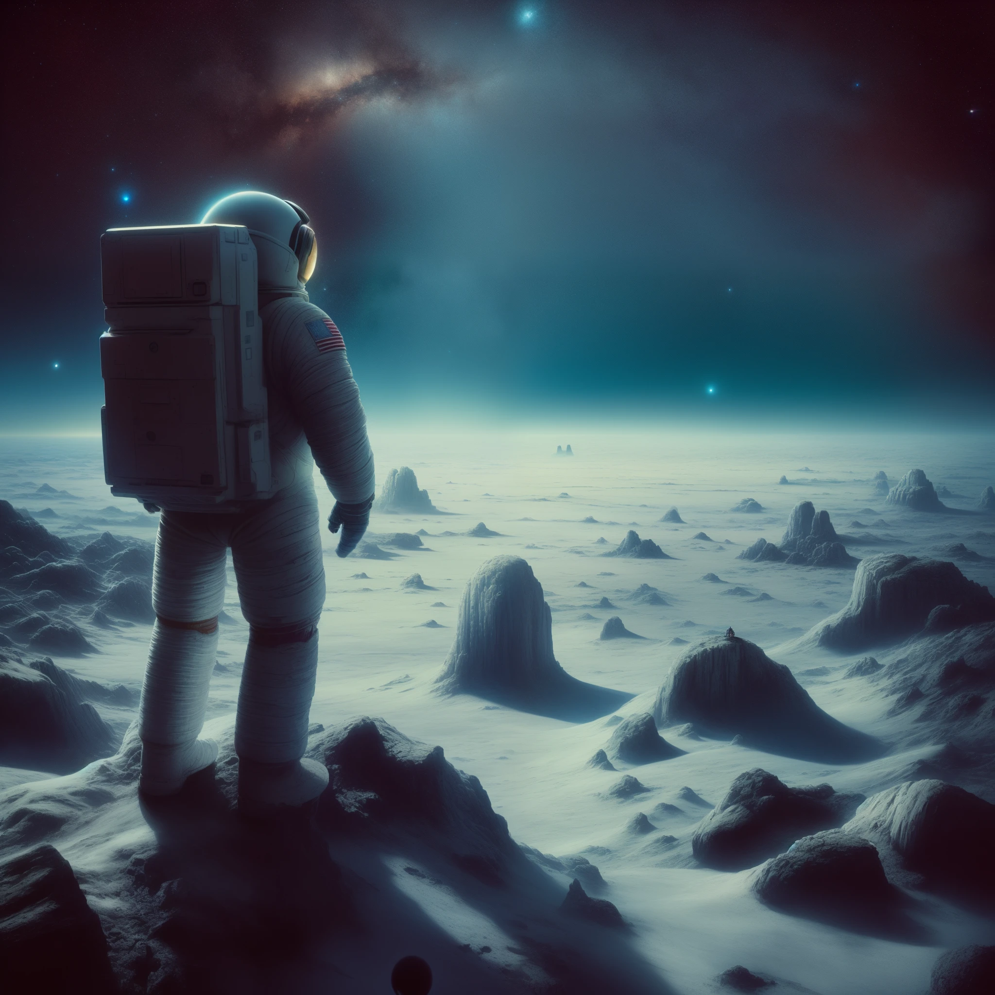 astronaut standing on a rocky surface in the middle of a vast space, lonely astronaut, lost in the milky void, beeple and tim hildebrandt, beeple!!, across an alien landscape, 8 0's style tomasz alen kopera, inspired by tomasz alen kopera, beeple and jean giraud, beeple artwork