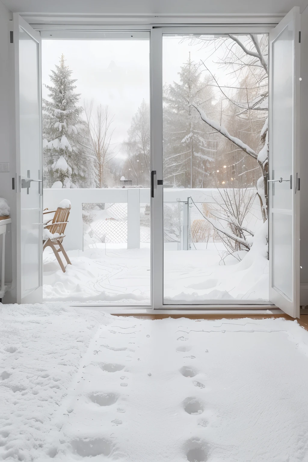 best quality, cozy and minimal room, outside of window snow, white to crem colour