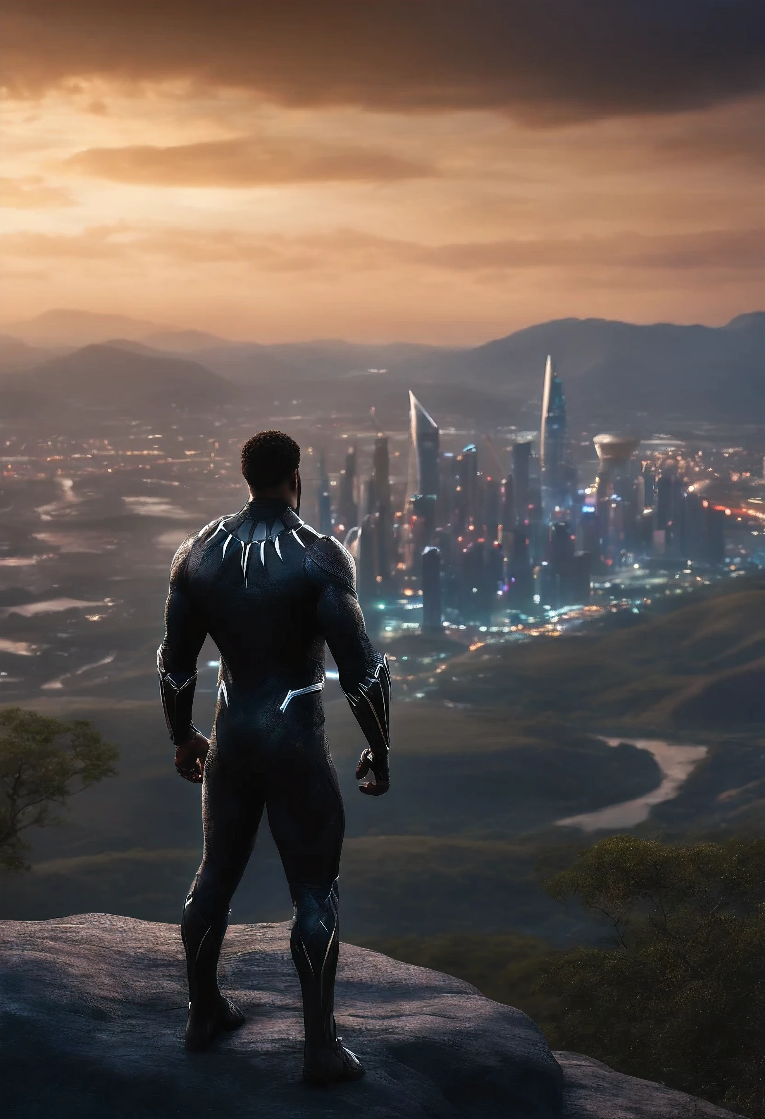THE BLACK PANTHER RETURNING HOME TO WAKANDA, STANDING ON THE EDGE OF THE MOUNTAIN LOOKING DOWN AT THE DISTANT FUTURISTIC CITY OF WAKANDA THAT IS COVERED BO A PLASMA GLASS FORCEFIELD, NIGHT TIME, 4K, RAW, CANON 100MM