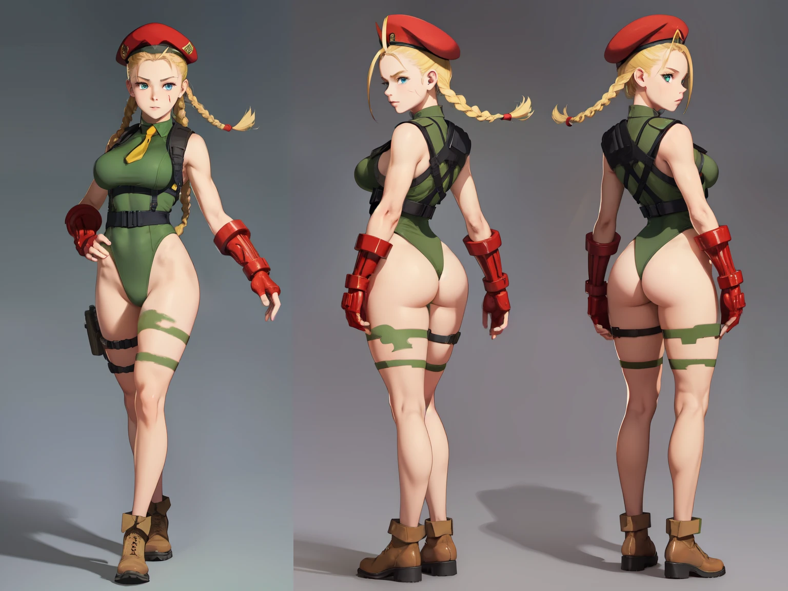 ((masterpiece)),(((best quality))),((character design sheet)), concept, poses, masterpiece, best quality, highres, 1girl, cammy white, twin braids, long hair, blonde hair, antenna hair, beret, military gear, (red headwear:1.3), blue eyes, scar on cheek, green leotard, large breasts, sleeveless, red gloves, fingerless gloves, camouflage, cowboy shot, standing, outdoors, arms at sides, straight-on, blank background ,chara-sheet