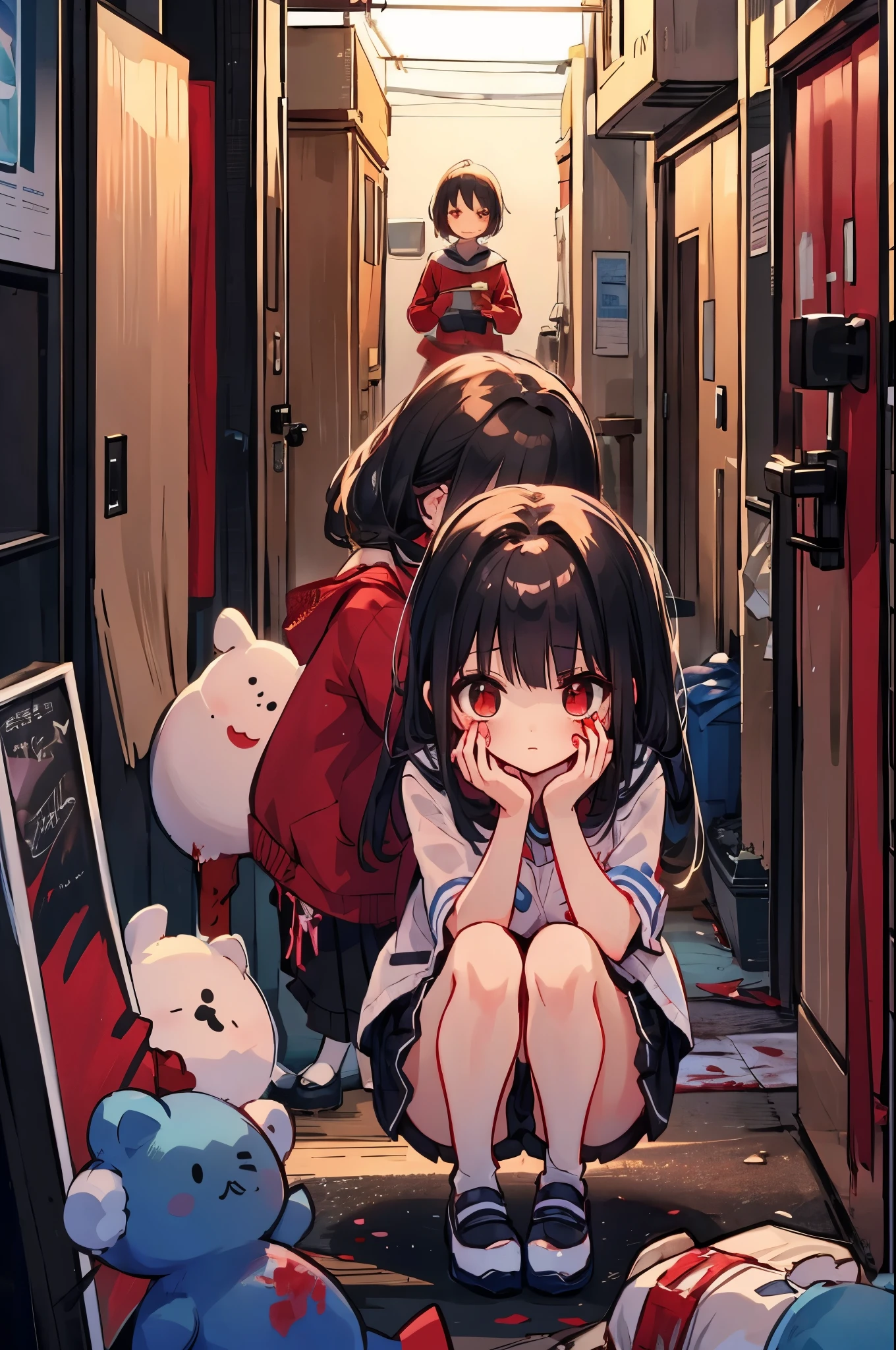 ((use white, black and red))、A girl exploring an abandoned hospital、Scared、Overall dark、flash lights、squat down holding your head、Blood splashes on the walls