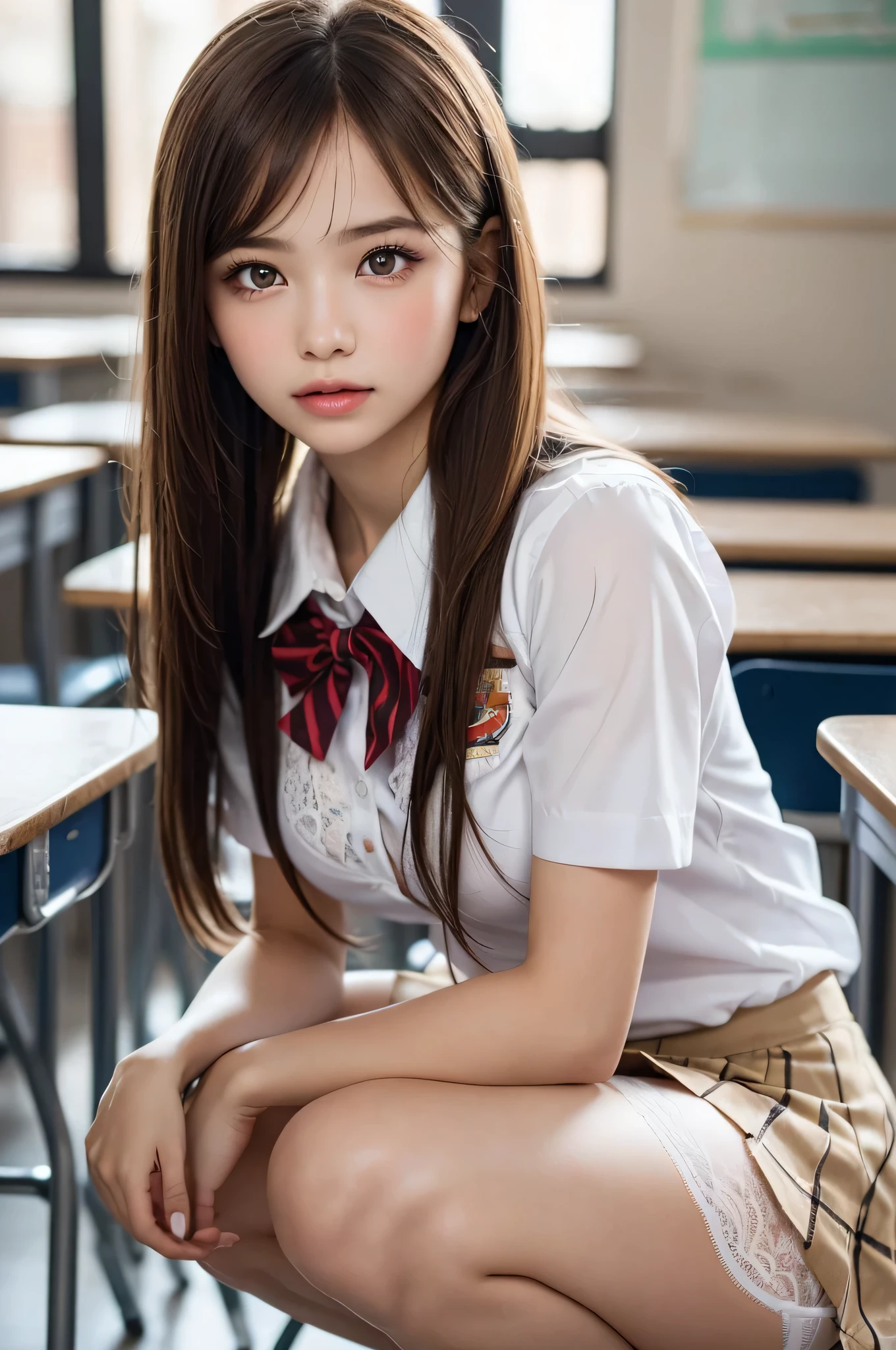 (1young girl), (highly detailed Beautiful face), Amazing face and eyes, (Best Quality:1.4), (Ultra-detailed), (extremely detailed CG unified 8k wallpaper), Highly detailed, High-definition raw color photos, Professional Photography, Realistic portrait, Amazing face and eyes, Pink eyes, (hi-school uniform, pleated mini skirt:1.3), (High school uniform with wide open breasts:1.4), twintails, brown hair, model,  (((Bokeh))), depth of fields, School, classroom, (squatting:1.2), (lace panties:1.2), view from below