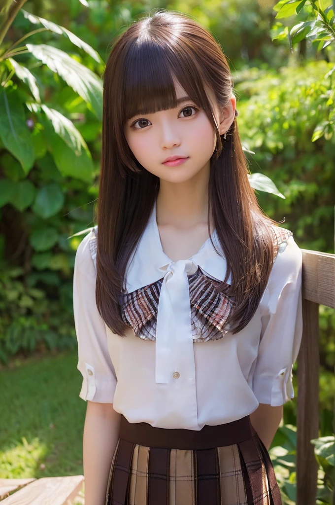 bamboo forest，smile、original photo、(((ultimate beauty portrait)))、((glowing skin))、1 girl、Beautiful 20 year old girl from Prague、bright look、((brown hair)))、(plaid pleated skirt:1.5)、((Big eyes that shine like jewels))、Cardigan shirt、open your clothes、lace horse、skin shine、(medium hair)、(silk ponytail)、(eternal)、eyeliner、beautiful bangs、hair between eyes、((master piece、quality、super detailed、movie lights lighting、intricate details、High resolution、The content is very detailed))、With background、8 gourds、Digital single-lens reflex camera、gentle soft lighting、高quality、film grain、XT3 、shallow depth field、natural soft light、Shan Ming、plump bust