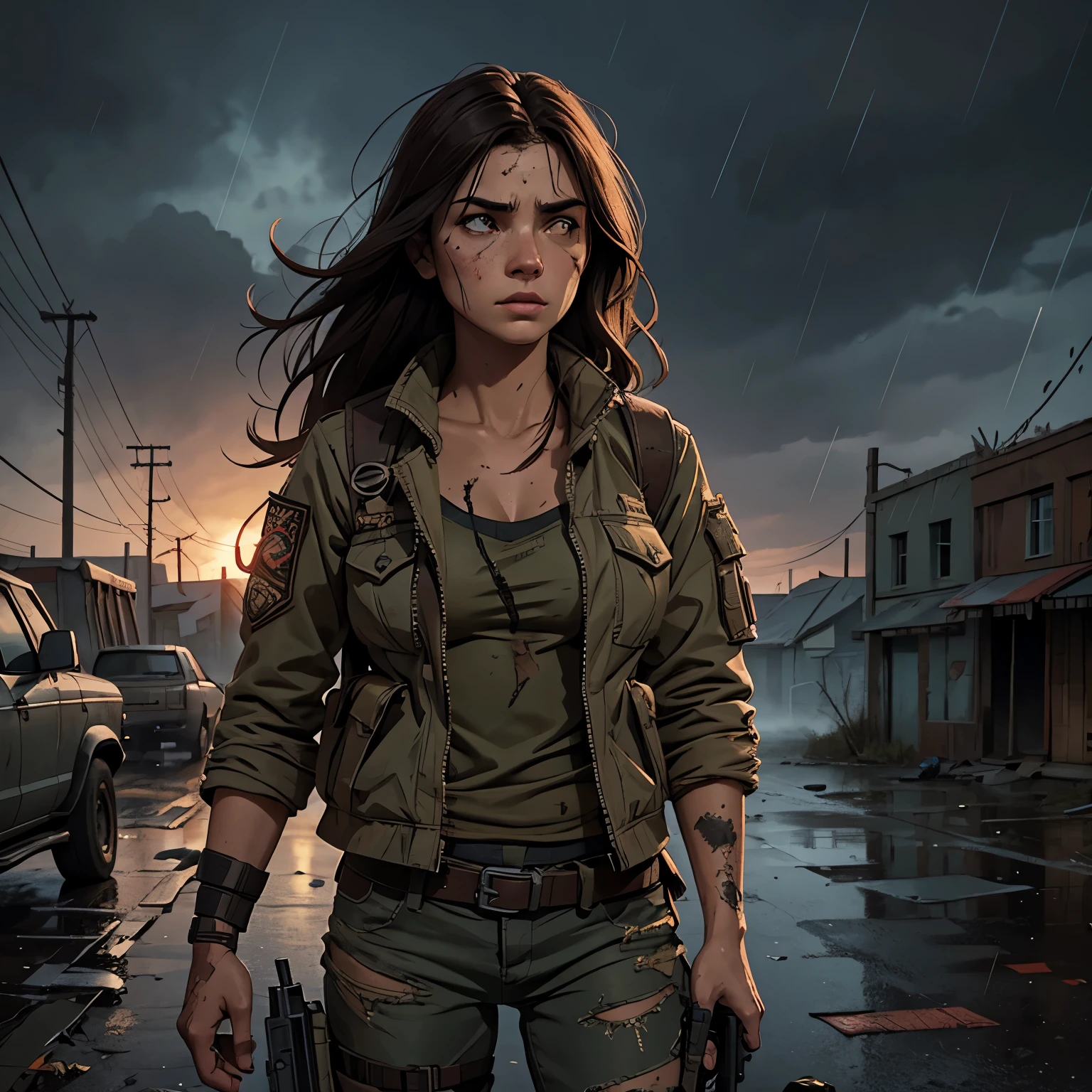 19 year old girl, torn clothes, post apocalyptic, back pack, angry face, bleeding from nose, dirty, badass, hot chick, cool, naughty, dirty face, nightlight