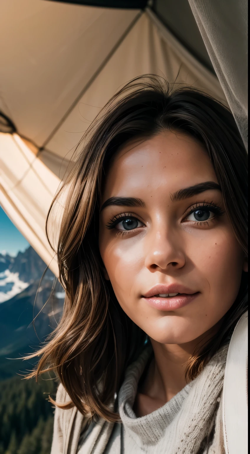 1 woman, American, beautiful, ((upper body selfie, happy)), Filming in a tent, Beautiful backlight, Tent Open Sign,Masterpiece, Best Quality, Ultra-detailed, Solo, exteriors, (natta), mountains, Nature, (sao, the moon) cheerful, happy,, Cosy in a sleeping bag, Inside the tent, When you open the tent, You can see some nice horsemen outside.., woods, rock formations, rivers, wood, smoke, shadowy, contrast, clear skies, analog style (looking up at viewer:1.2) (skin texture) (film grain:1.3), (warm hue, warm tone:1.2), close-up, Cinematic light, Sidelighting, The ultra-Highres, best shadows, ..raw, upper half body, wearing pullover, Relaxed and intimate photos, BROWN hairs,