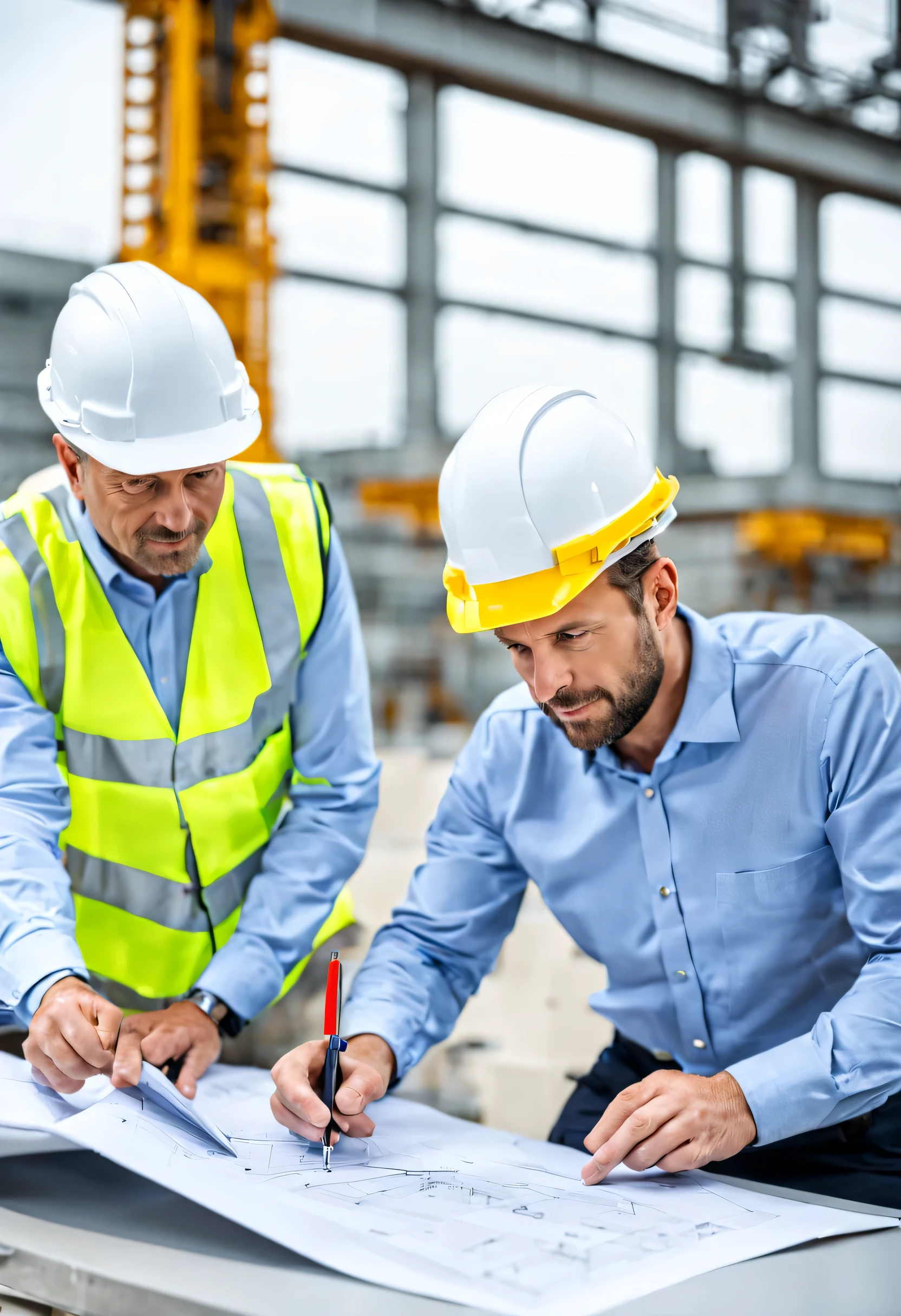 few matured European engineers are checking the design drawing of electricity power generation plant