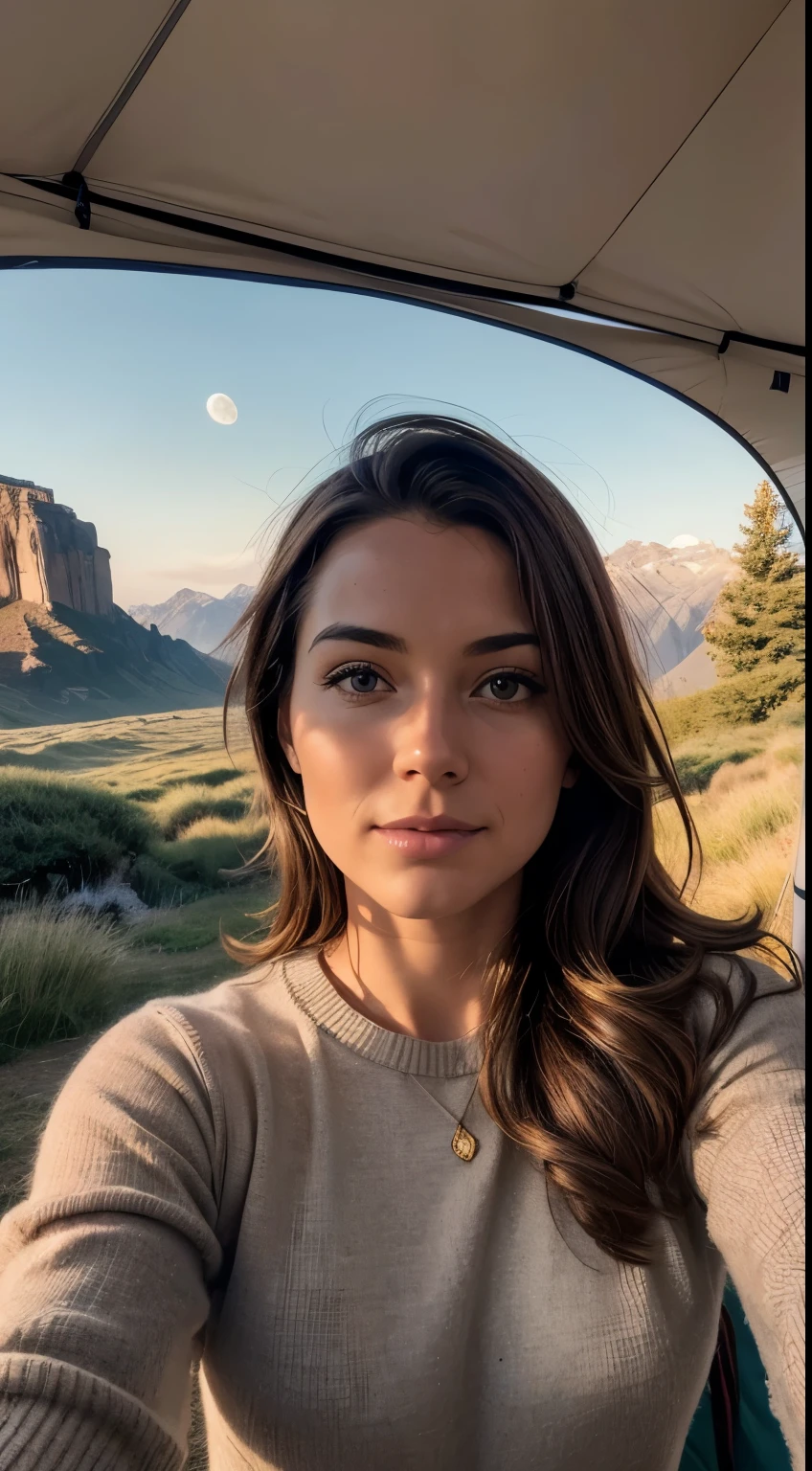 1 woman, American, beautiful, ((upper body selfie, happy)), Filming in a tent, Beautiful backlight, Tent Open Sign,Masterpiece, Best Quality, Ultra-detailed, Solo, exteriors, (natta), mountains, Nature, (sao, the moon) cheerful, happy,, Cosy in a sleeping bag, Inside the tent, When you open the tent, You can see some nice horsemen outside.., woods, rock formations, rivers, wood, smoke, shadowy, contrast, clear skies, analog style (looking up at viewer:1.2) (skin texture) (film grain:1.3), (warm hue, warm tone:1.2), close-up, Cinematic light, Sidelighting, The ultra-Highres, best shadows, ..raw, upper half body, wearing pullover, Relaxed and intimate photos, BROWN hairs,