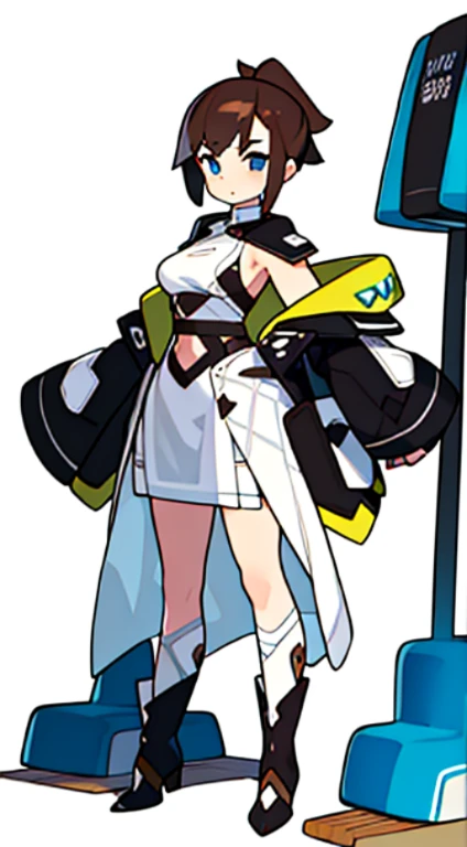 solo woman, (((blurry background, white background))), character focus, standing, full body, clerk, salesperson, Earth Tones Color clothe, fantasy,