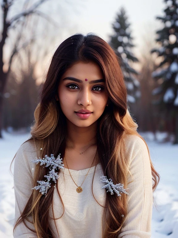 lovely cute young attractive indian girl, brown eyes, gorgeous actress, 23 years old, cute, an Instagram model, long blonde_hair, colorful hair, winter, Indian, indian,long hair,clear facial features