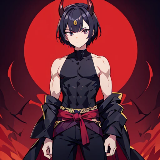 1boy((best quality)), ((masterpiece)), (detailed), perfect face1 boy;((best quality)), ((masterpiece)), (detailed), perfect face;shuten doji style; pretty face ; pretty boy, demon horns protruding out of forehead; black hair; lean physique; wearing tight sleevles shirt e; standing in front of viewer ; black medium hair,male ; make him a male with a male chest, full body shot, wearing pants, wearing tight sleevless tank top ,sfw, small lean body, tight fitting clothe, red and black color scheme