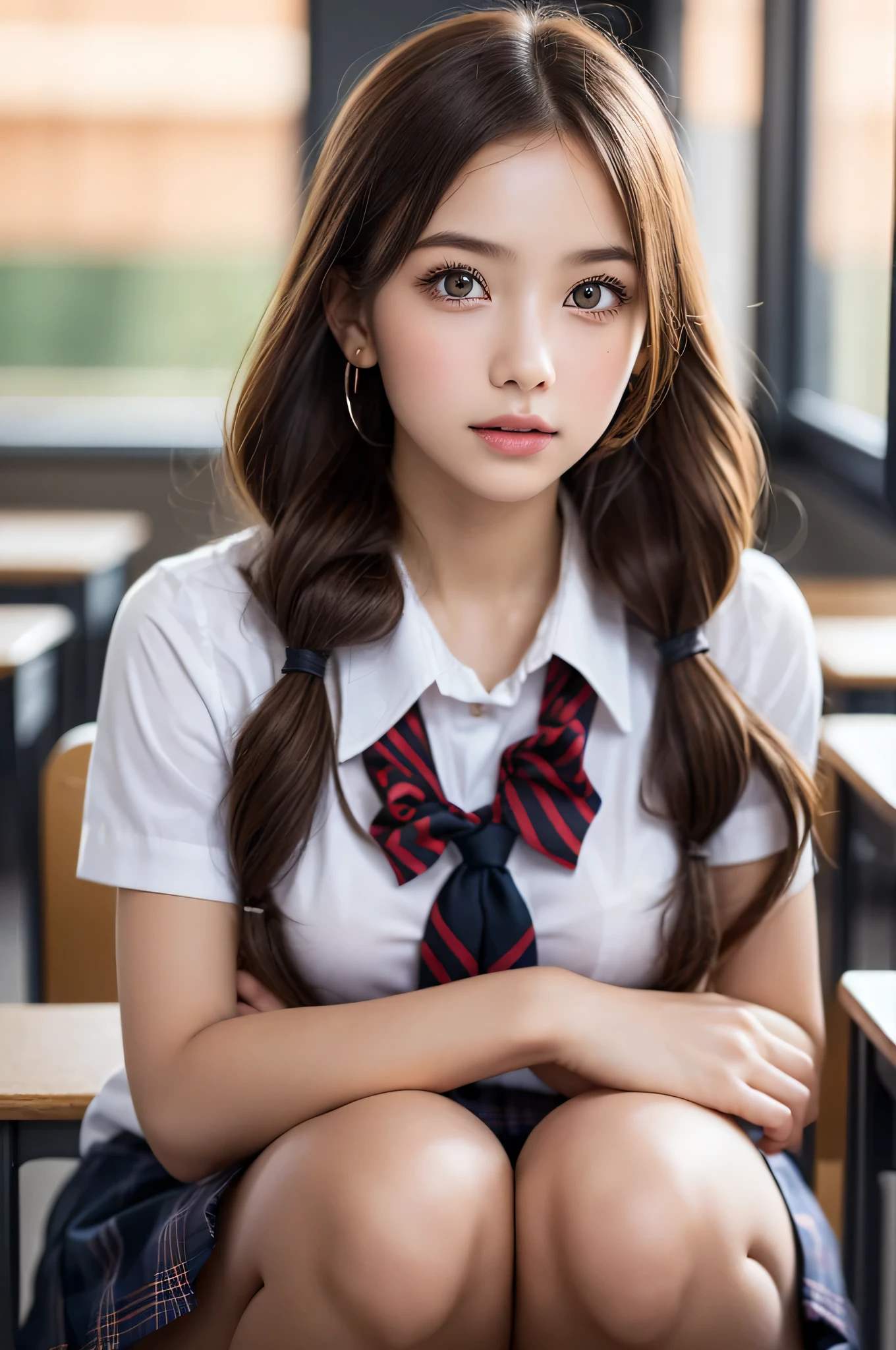 (1ung girl), (highly detailed Beautiful face), Amazing face and eyes, (Best Quality:1.4), (Ultra-detailed), (extremely detailed CG unified 8k wallpaper), Highly detailed, High-definition raw color photos, Professional Photography, Realistic portrait, Amazing face and eyes, Pink eyes, (hi-school uniform, pleated mini skirt:1.3), (High school uniform with wide open breasts:1.4), twintails, brown hair, model, (((Bokeh))), depth of fields, School, classroom, (squatting:1.2), (lace panties:1.2), view from below