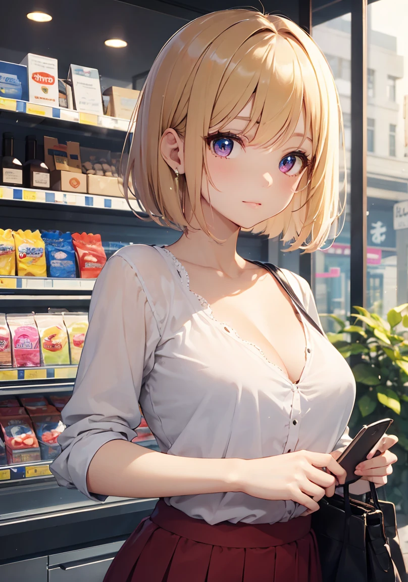 masterpiece, absurdres, best quality, ultra detailed, high Resolution, detailed illustration, extremely beautiful detailed face and eyes, bright colour, 1girl, (loli), cute face, Delicate beautiful face, magenta eyes, cute eyes, sparkling eyes, big eyes, medium breasts, (perky breasts:1.1), (pointy breasts:1.1), medium hips, glamorous body, white skin, happy, BREAK, long bob cut, (blonde hair:0.8), messy hair, detailed hair, shiny hair, BREAK office casual, tiny ribbon, at convenience store, choosing a product, real world, natural lights, perfect lighting,