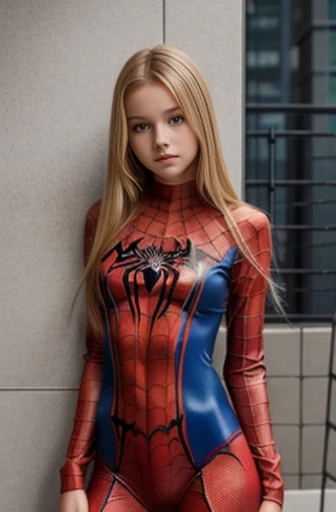 Slender blonde beautiful girl, skin tight Spiderman outfit with holes on the breasts and pussy, small breasts and pussy, full body shot head to knee