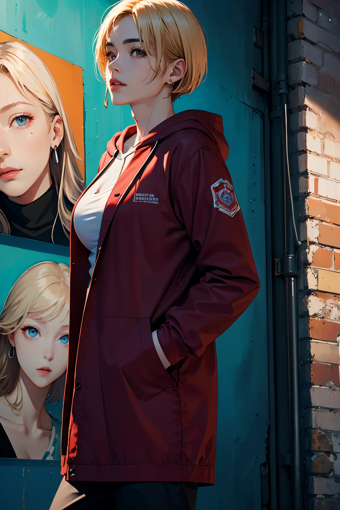 (masterpiece:1.4)、(highest quality:1.4)、ultra high resolution、beautiful features、20 year old woman、blonde short bob、earrings、long coat、long sleeve graphic hoodie、hole trousers、(huge breasts:1.2)、red face、smile、Stand against the wall、Alley、Graphic Arts、paint graffiti on the wall